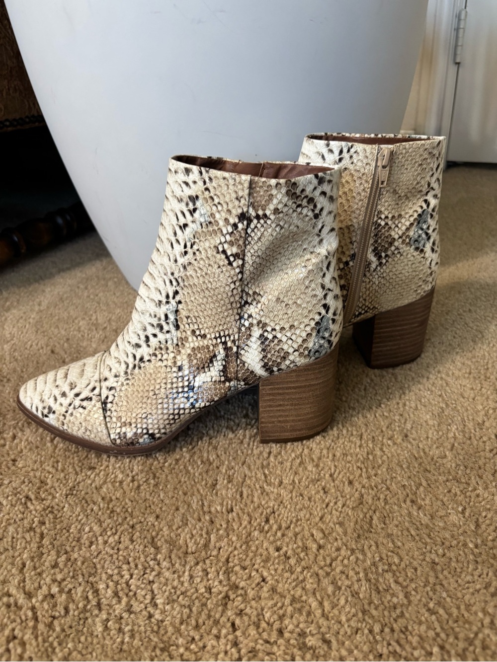 Report Cream and Brown Snake-Print Block Heel Ankle Boots